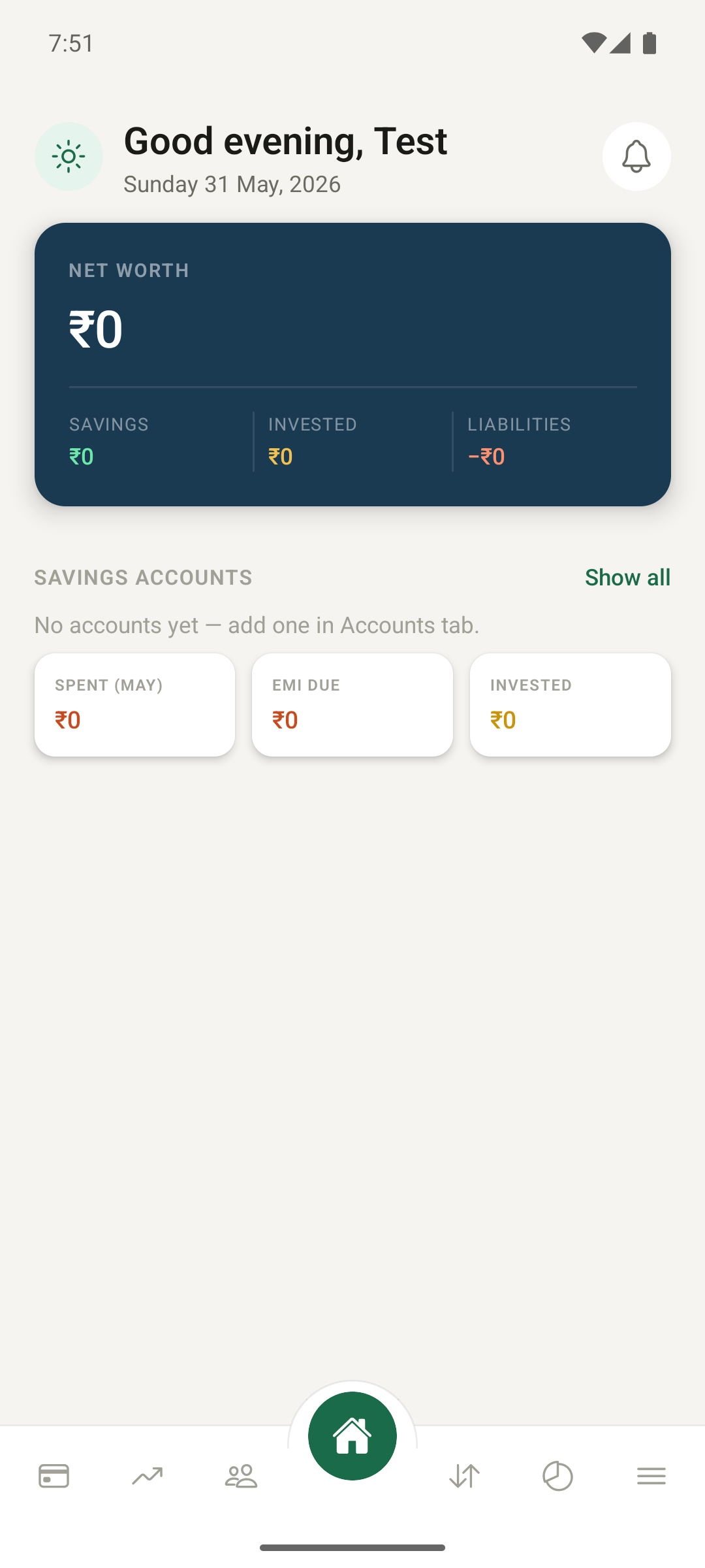 Home dashboard showing net worth, savings accounts and recent transactions